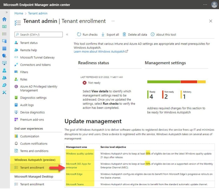 Preview of WIndows Autopatch blade.