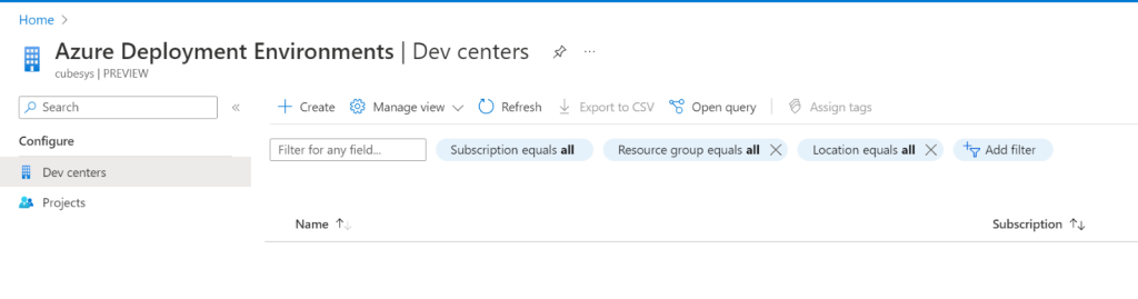 Azure Deployment Environments tab preview.
