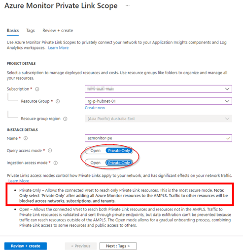 Azure Monitor Private Link Scope creation process and settings.