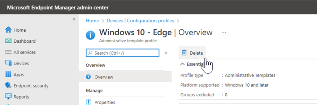 Screenshot showing how to delete an existing configuration profile.