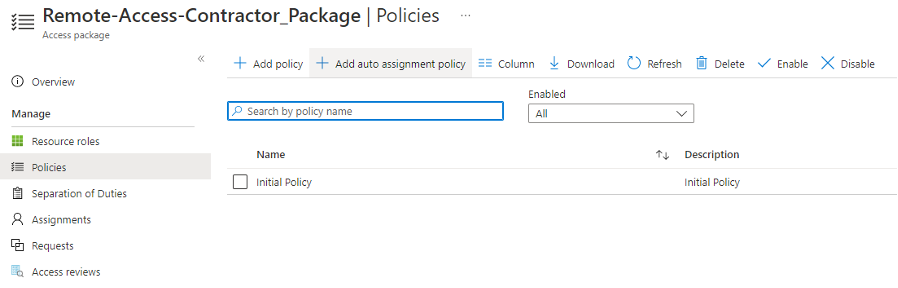Adding auto assignment policies in the Access Package blade.